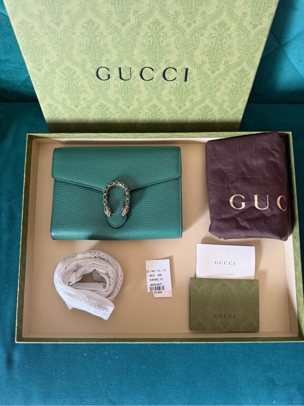 ✨ Authentic Gucci Dionysus Clutch with Crossbody Chain – Green Leather
